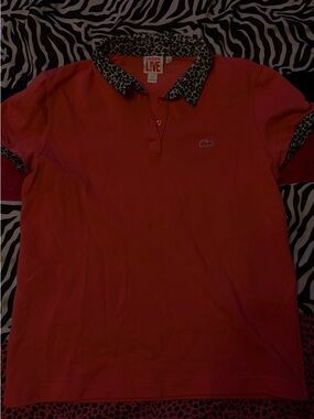 Lacoste Girls' Coral Button-Down Polo with Leopard Trim